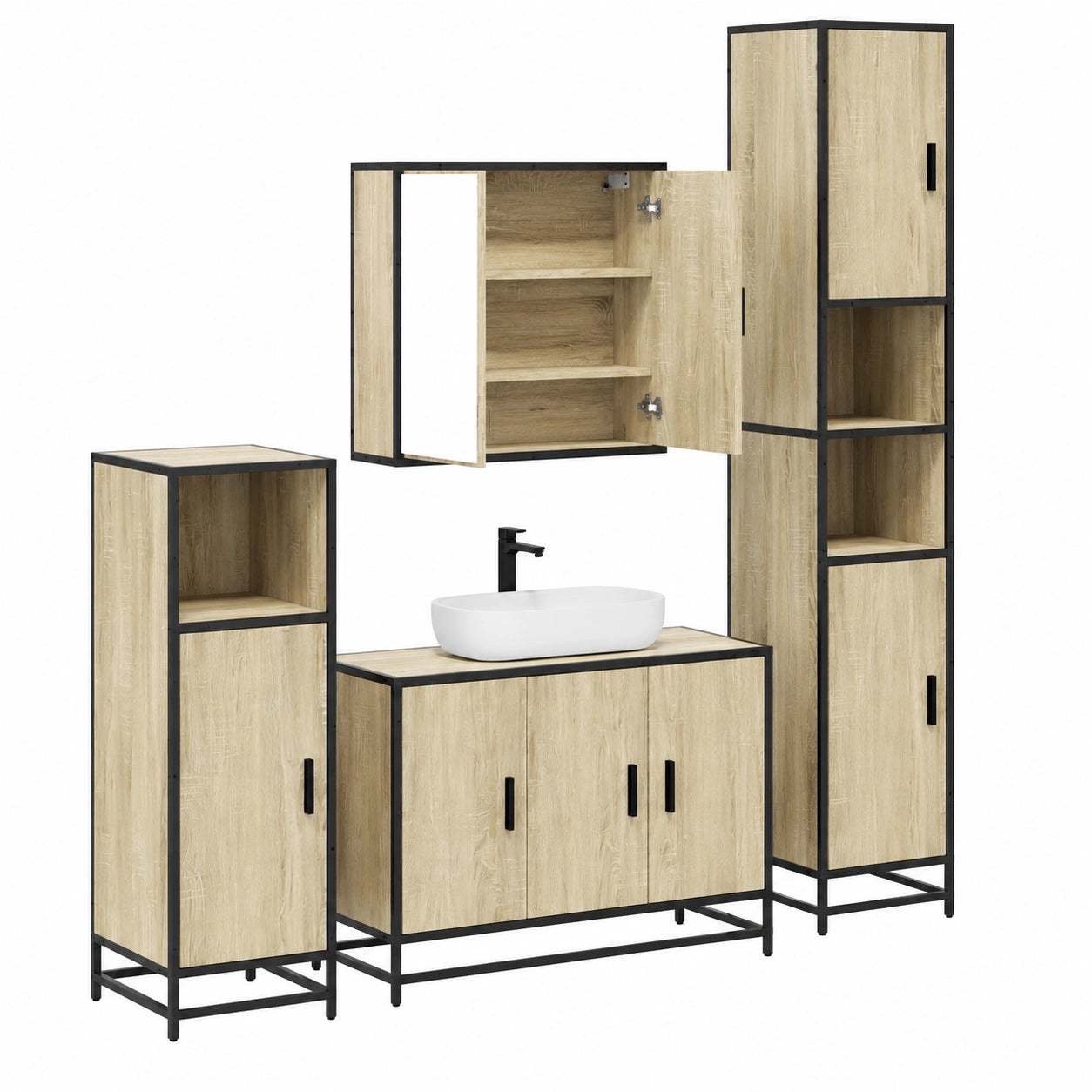 Armoire, avec rangement, en chêne et métal, 4 pièces, pour la chambre