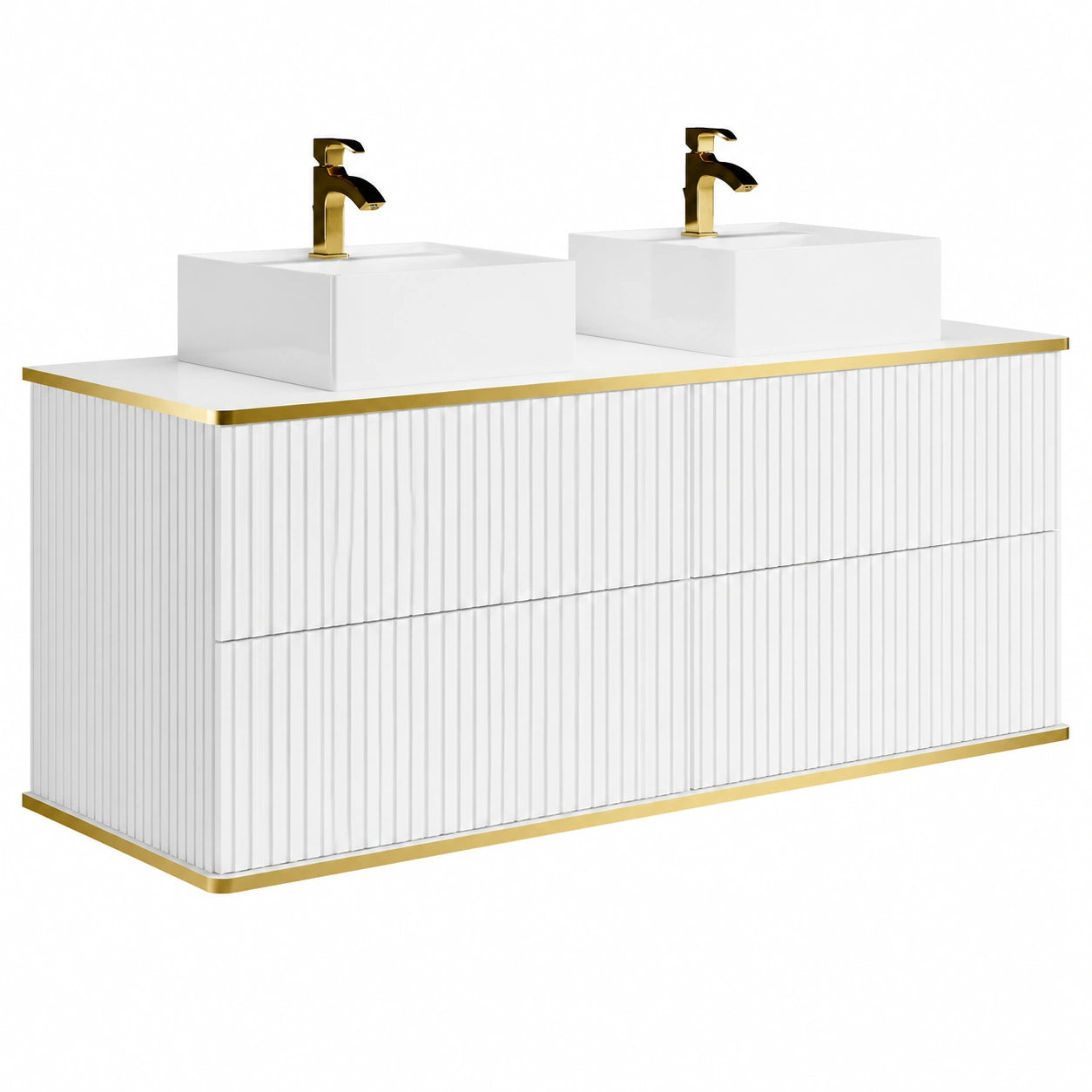 Ensemble de meubles de salle de bain, avec tiroirs, coloris blanc et doré, pour la salle de bain